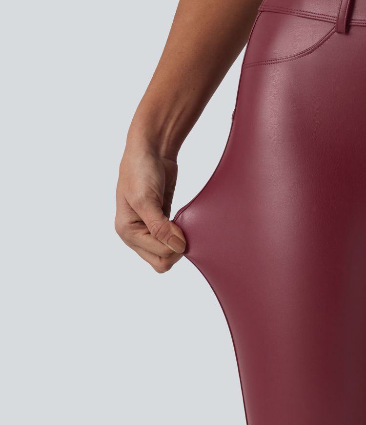 High Waisted Stretchy PU Casual 7/8 Leggings with Pockets