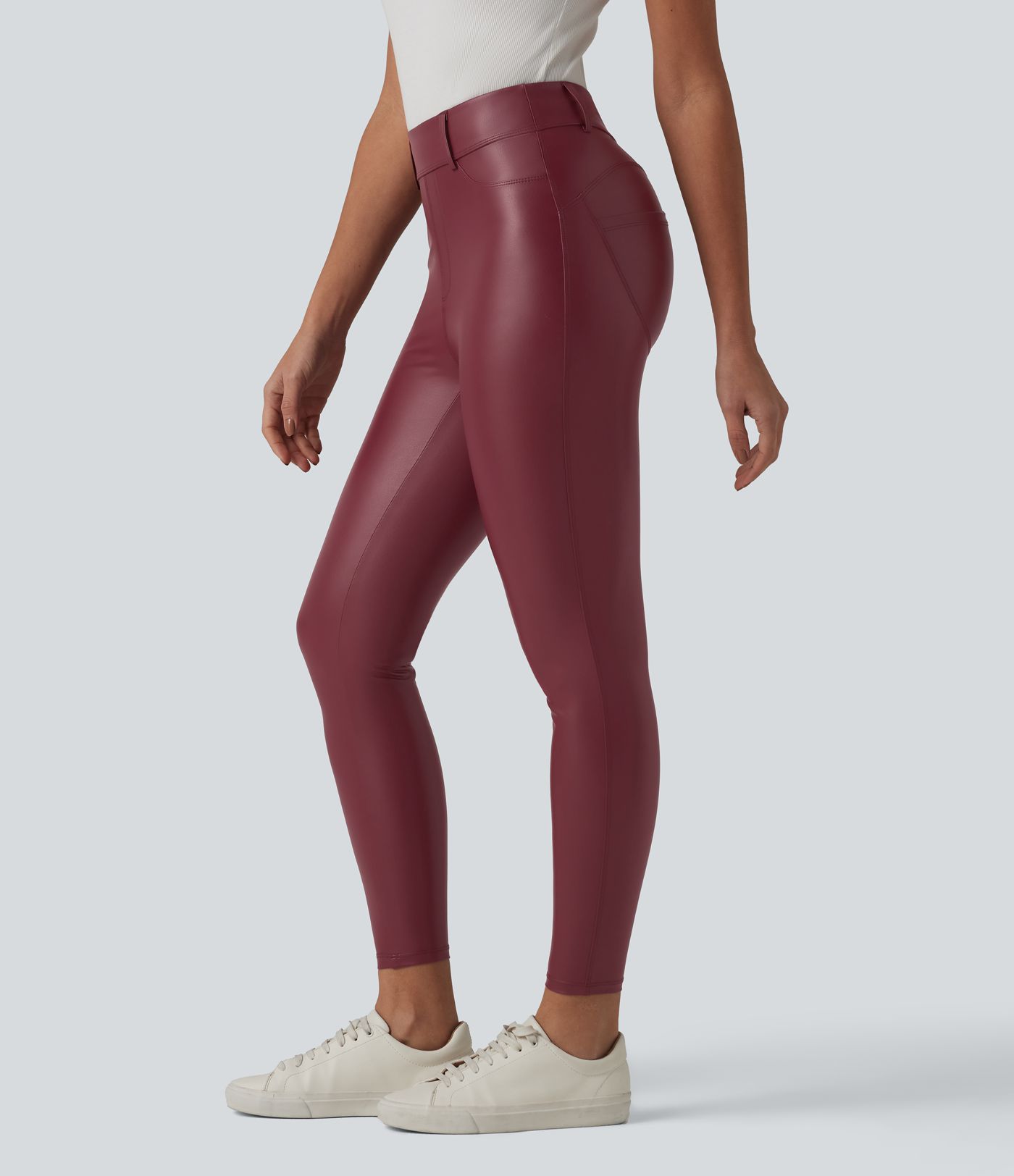 High Waisted Stretchy PU Casual 7/8 Leggings with Pockets