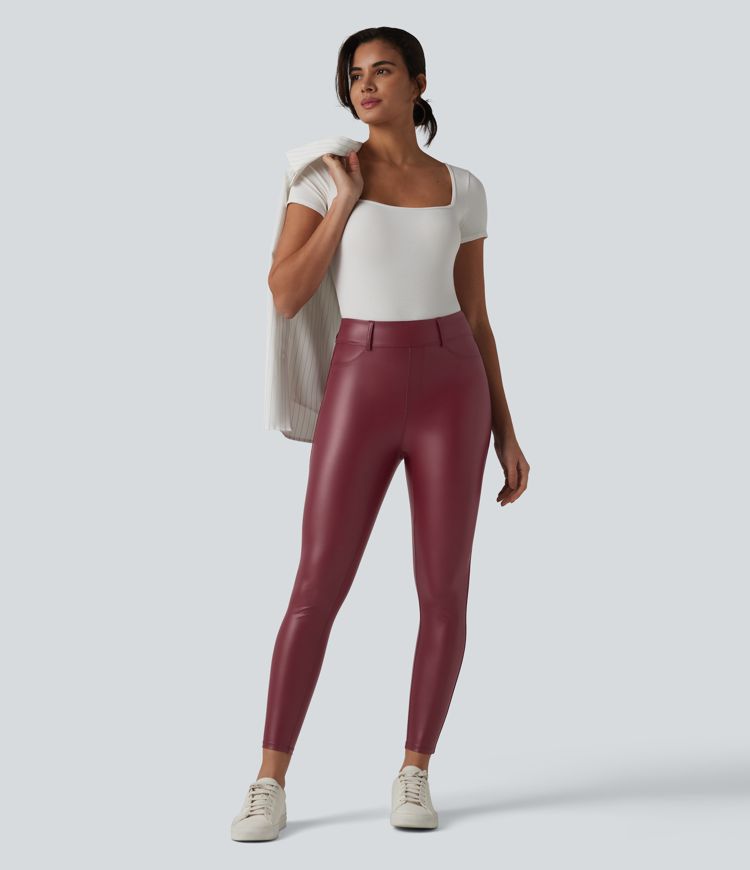 High Waisted Stretchy PU Casual 7/8 Leggings with Pockets