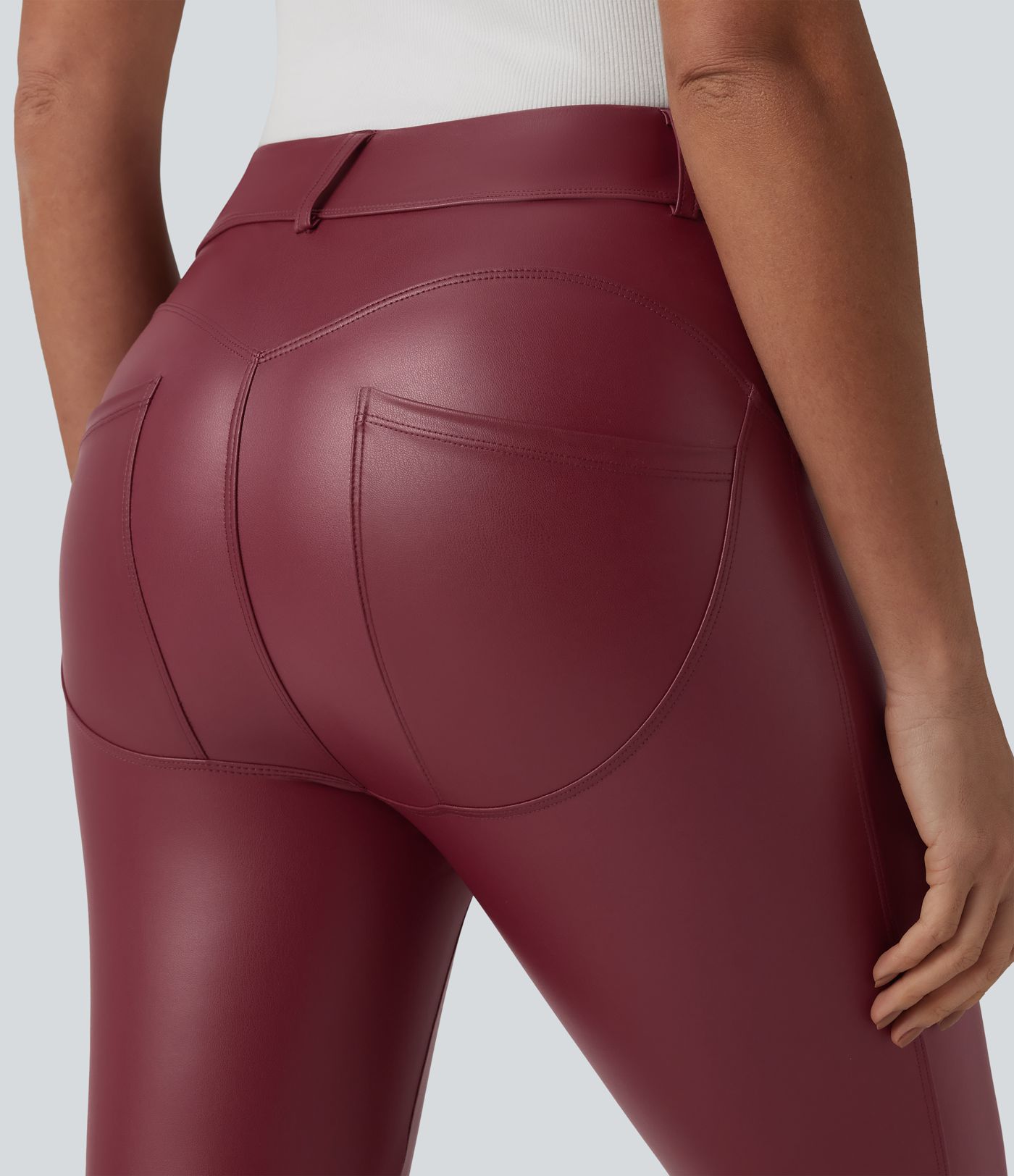 High Waisted Stretchy PU Casual 7/8 Leggings with Pockets