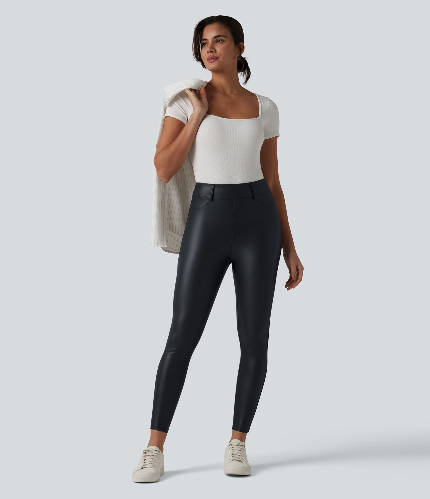 High Waisted Stretchy PU Casual 7/8 Leggings with Pockets