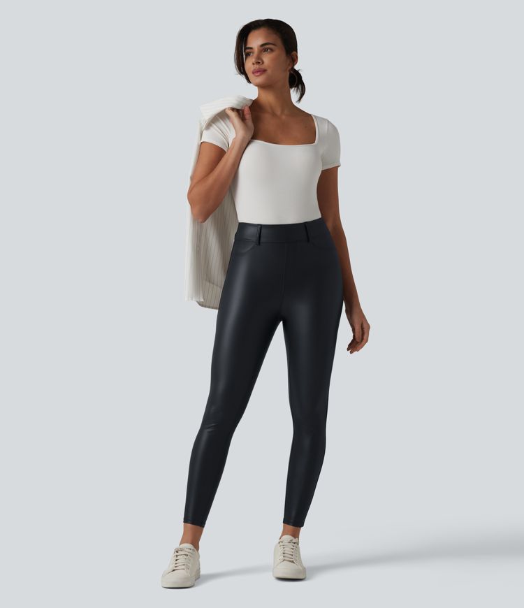 High Waisted Stretchy PU Casual 7/8 Leggings with Pockets
