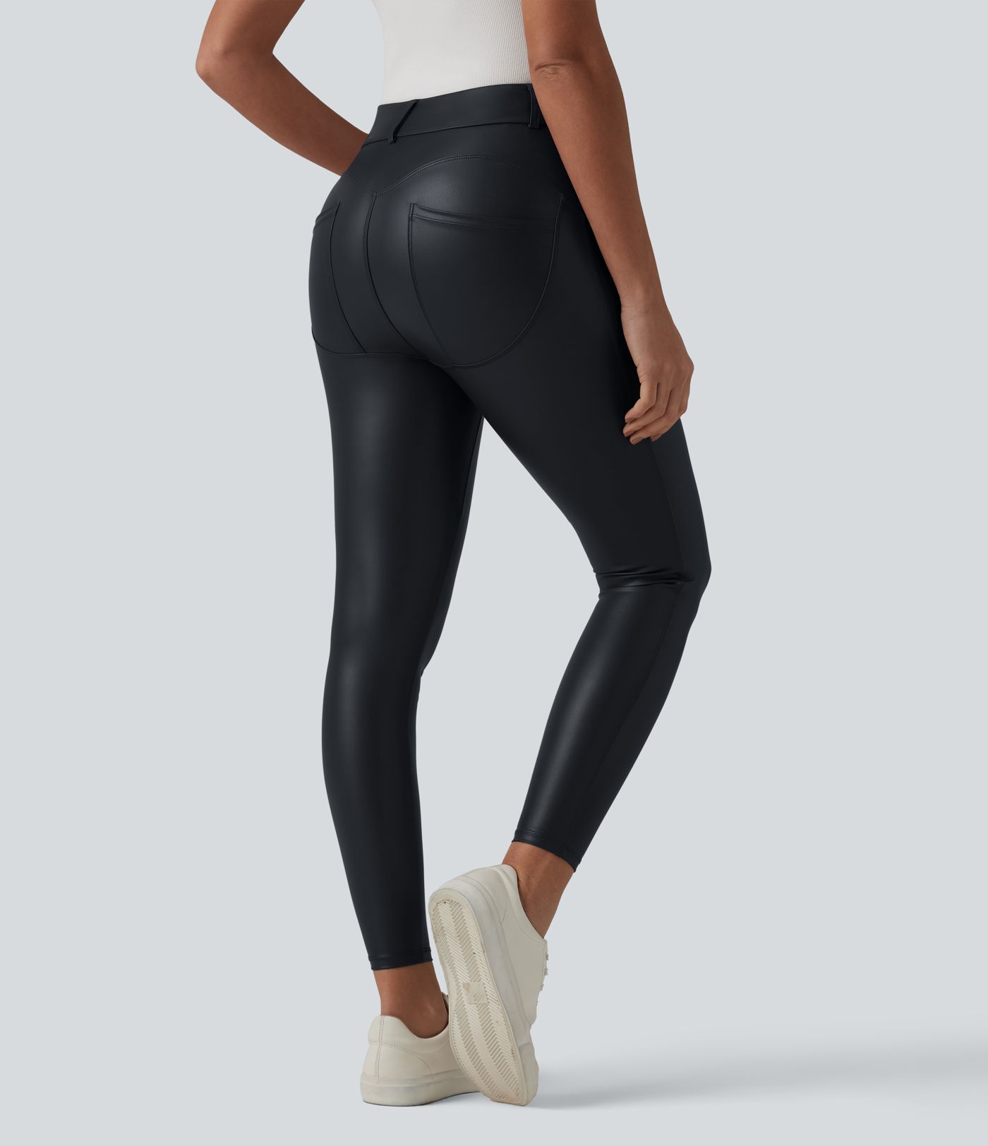High Waisted Stretchy PU Casual 7/8 Leggings with Pockets