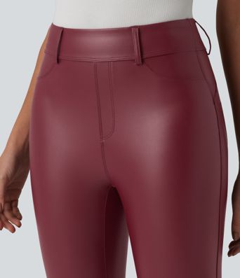 High Waisted Stretchy PU Casual 7/8 Leggings with Pockets