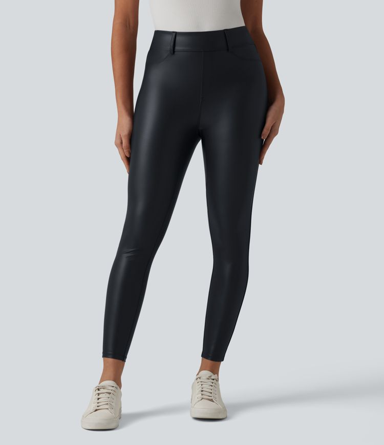 High Waisted Stretchy PU Casual 7/8 Leggings with Pockets