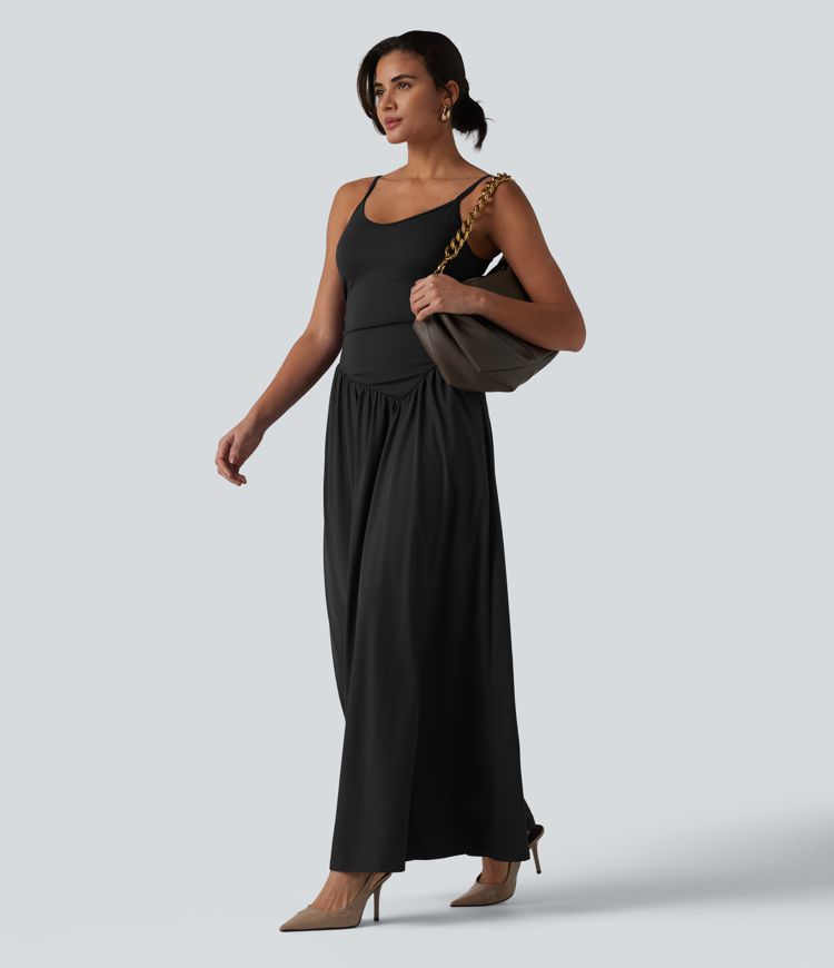 Breezeful™ Backless Adjustable Straps Ruched Built-in Bra Flowy Maxi Quick Dry Bridesmaid and Wedding Guest Slip Dress with Pockets
