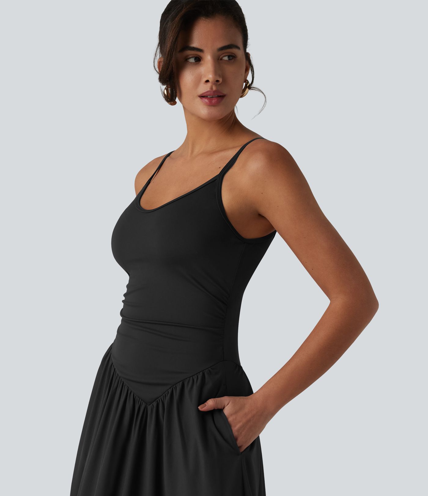 Breezeful™ Backless Adjustable Straps Ruched Built-in Bra Flowy Maxi Quick Dry Bridesmaid and Wedding Guest Slip Dress with Pockets