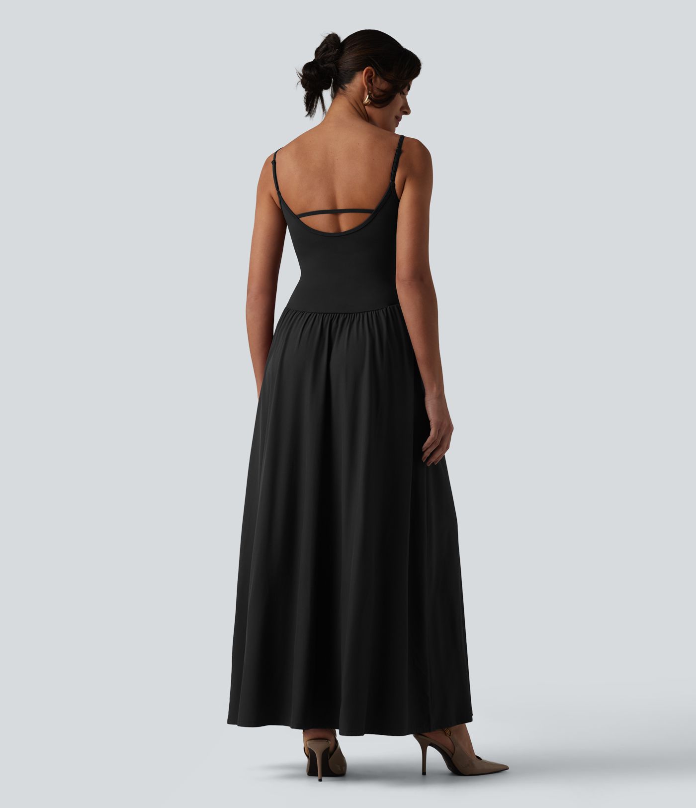 Breezeful™ Backless Adjustable Straps Ruched Built-in Bra Flowy Maxi Quick Dry Bridesmaid and Wedding Guest Slip Dress with Pockets