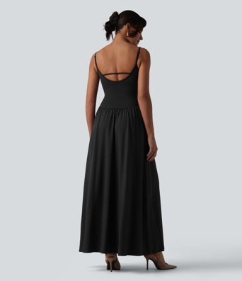 Breezeful™ Backless Adjustable Straps Ruched Built-in Bra Flowy Maxi Quick Dry Bridesmaid and Wedding Guest Slip Dress with Pockets