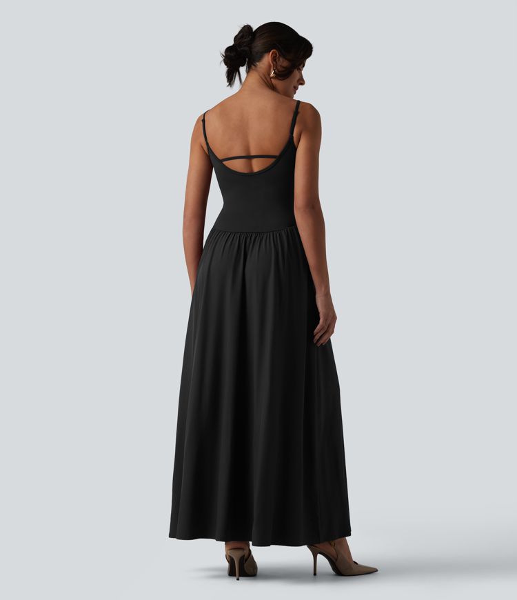 Breezeful™ Backless Adjustable Straps Ruched Built-in Bra Flowy Maxi Quick Dry Bridesmaid and Wedding Guest Slip Dress with Pockets