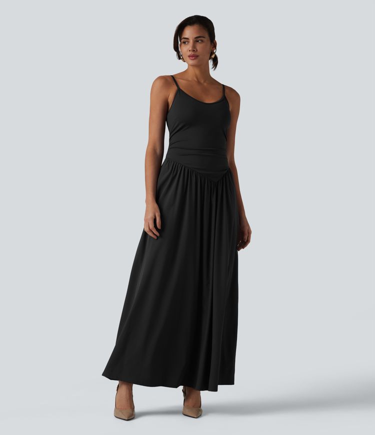 Breezeful™ Backless Adjustable Straps Ruched Built-in Bra Flowy Maxi Quick Dry Bridesmaid and Wedding Guest Slip Dress with Pockets