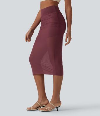 High Waisted Tummy Control 2-in-1 Mesh Bodycon Midi Casual Skirt