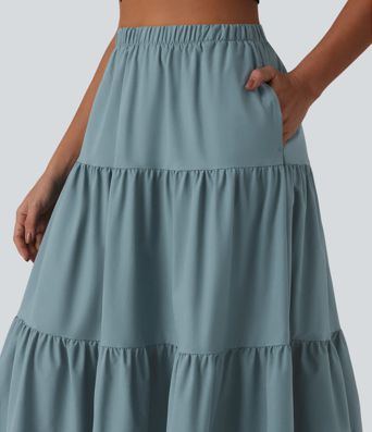 Casual A-line midi skirt made of stretchy poplin with a high waist and side pockets