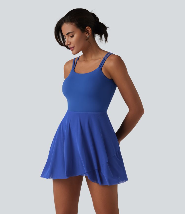 SoftlyZero™ Built-in Bra Contrast Mesh 2-in-1 Mini Tennis Active Slip Dress with Pockets-Easy Peezy Edition-UPF50+