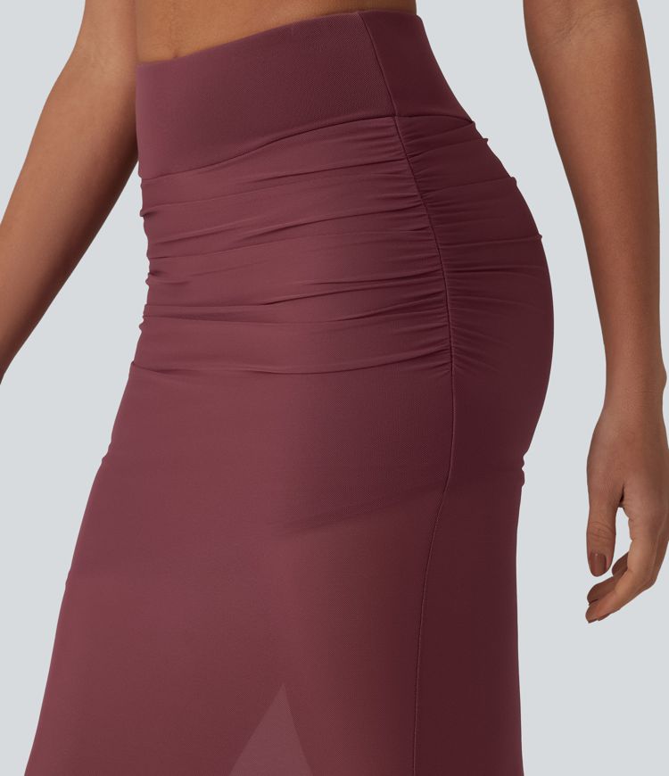 High Waisted Tummy Control 2-in-1 Mesh Bodycon Midi Casual Skirt