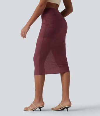 High Waisted Tummy Control 2-in-1 Mesh Bodycon Midi Casual Skirt