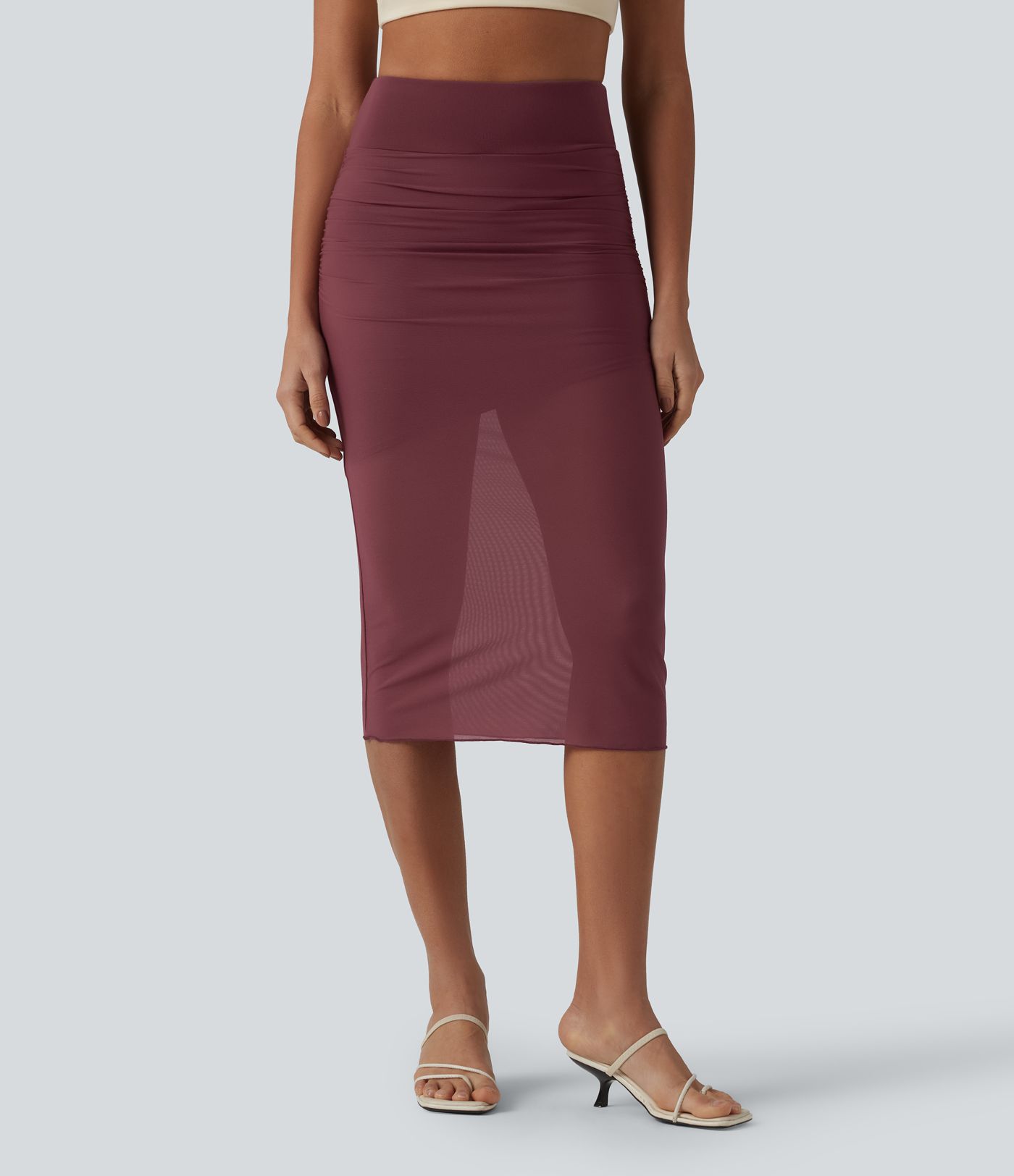 High Waisted Tummy Control 2-in-1 Mesh Bodycon Midi Casual Skirt