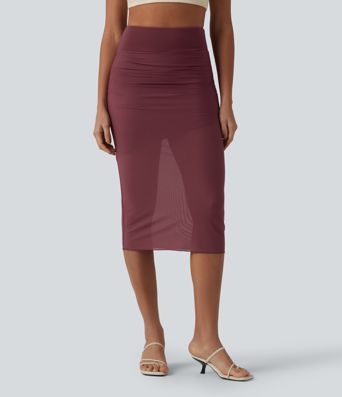 High Waisted Tummy Control 2-in-1 Mesh Bodycon Midi Casual Skirt