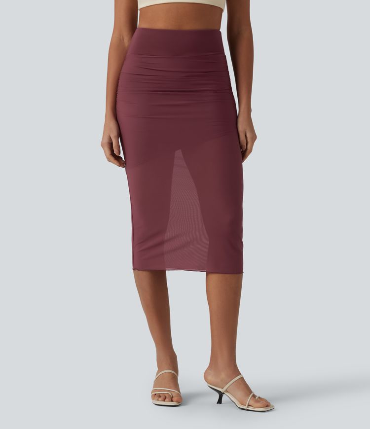 High Waisted Tummy Control 2-in-1 Mesh Bodycon Midi Casual Skirt