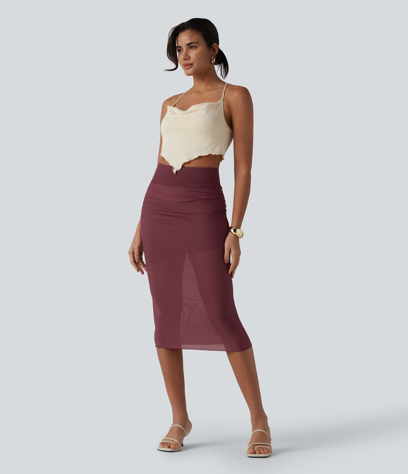 High Waisted Tummy Control 2-in-1 Mesh Bodycon Midi Casual Skirt