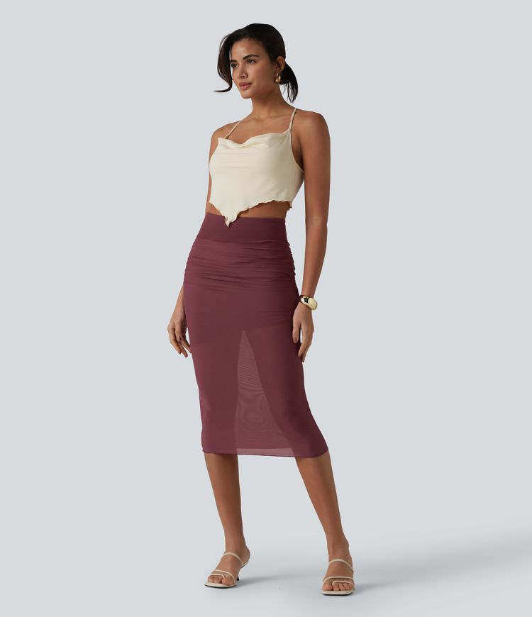 High Waisted Tummy Control 2-in-1 Mesh Bodycon Midi Casual Skirt