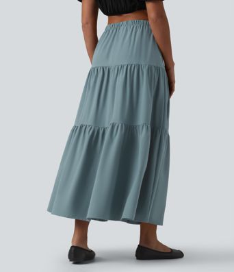 Casual A-line midi skirt made of stretchy poplin with a high waist and side pockets
