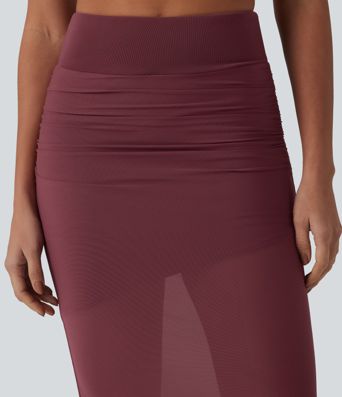 High Waisted Tummy Control 2-in-1 Mesh Bodycon Midi Casual Skirt