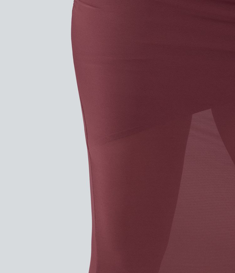 High Waisted Tummy Control 2-in-1 Mesh Bodycon Midi Casual Skirt