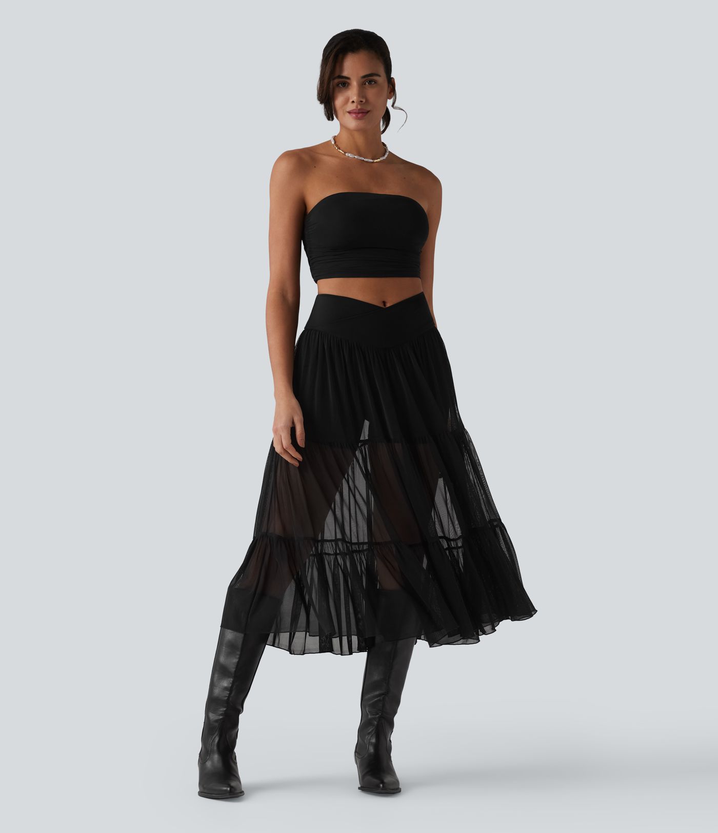 Crossover High Waisted 2-in-1 Breathable Mesh Midi Flowy Casual Tiered Skirt with Pockets