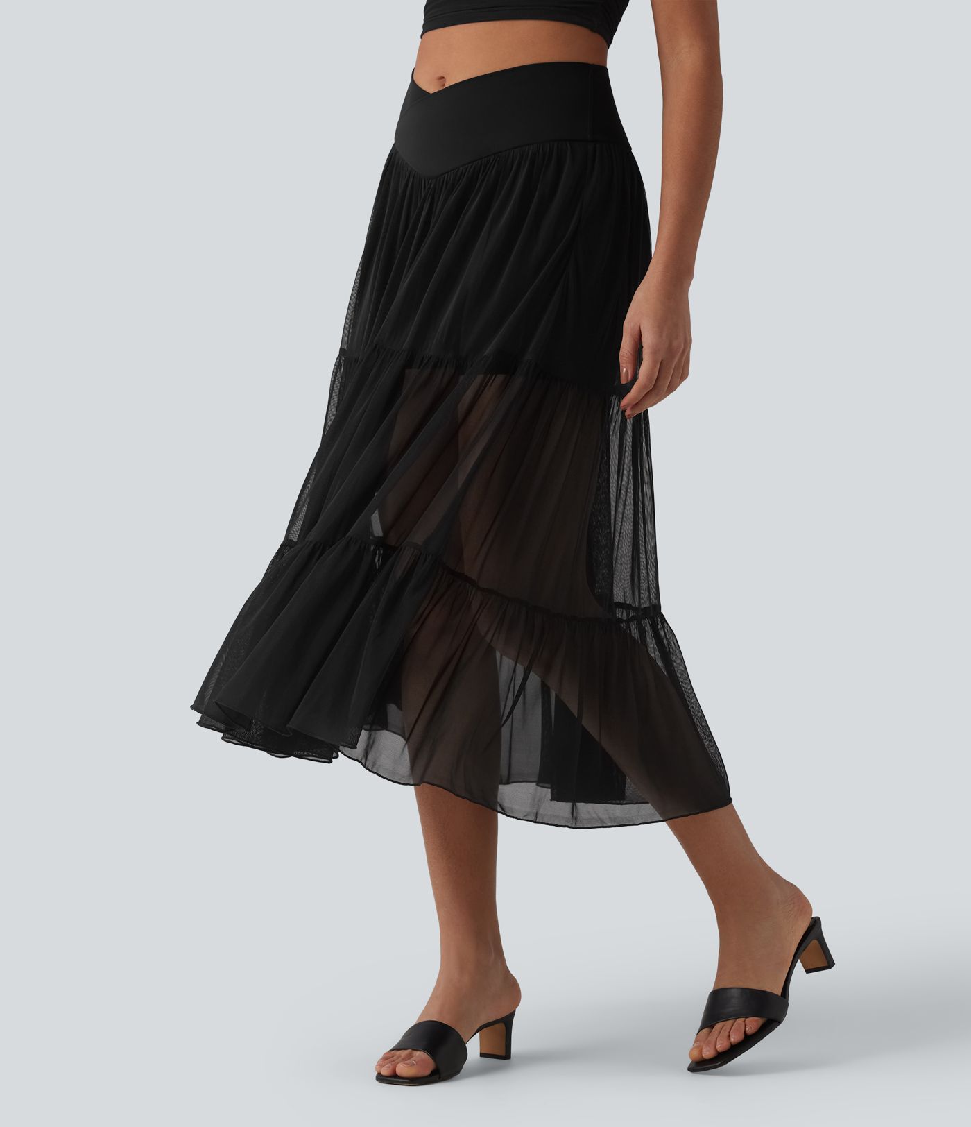 Crossover High Waisted 2-in-1 Breathable Mesh Midi Flowy Casual Tiered Skirt with Pockets