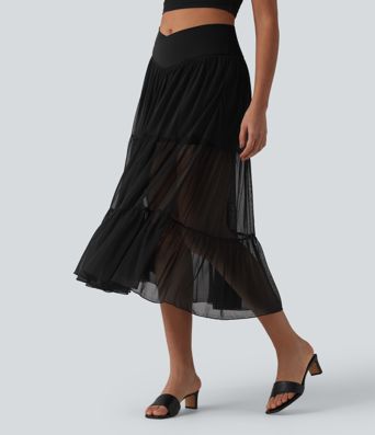 Crossover High Waisted 2-in-1 Breathable Mesh Midi Flowy Casual Tiered Skirt with Pockets