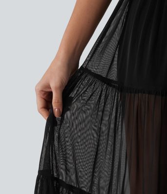 Crossover High Waisted 2-in-1 Breathable Mesh Midi Flowy Casual Tiered Skirt with Pockets