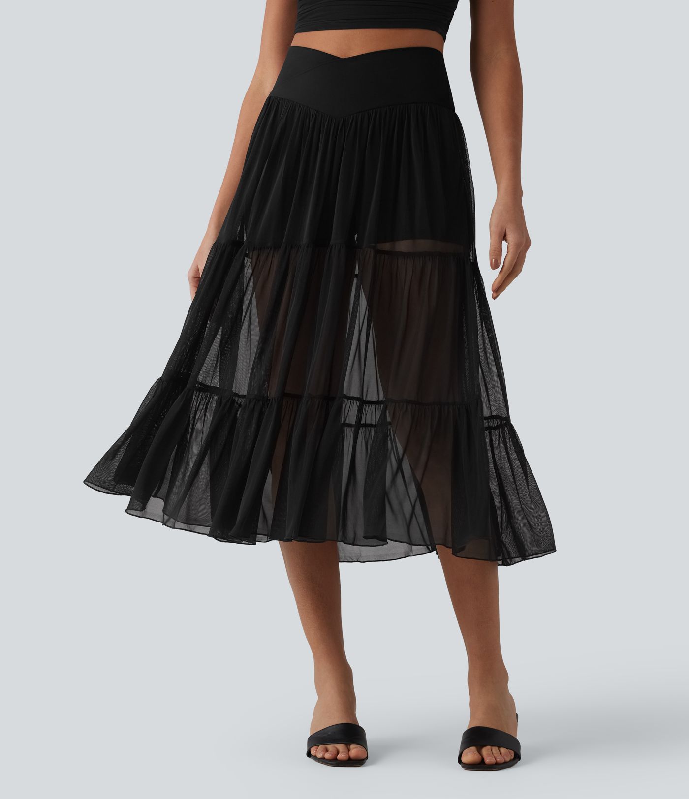 Crossover High Waisted 2-in-1 Breathable Mesh Midi Flowy Casual Tiered Skirt with Pockets