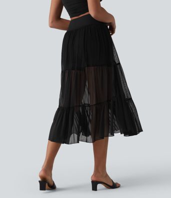 Crossover High Waisted 2-in-1 Breathable Mesh Midi Flowy Casual Tiered Skirt with Pockets