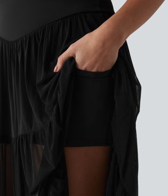 Crossover High Waisted 2-in-1 Breathable Mesh Midi Flowy Casual Tiered Skirt with Pockets