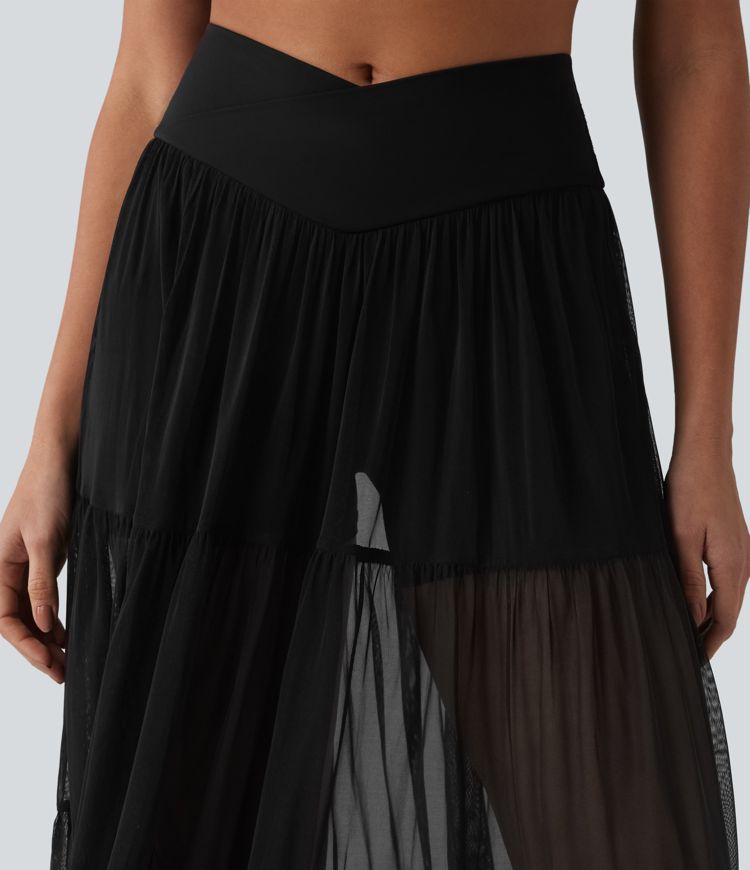 Crossover High Waisted 2-in-1 Breathable Mesh Midi Flowy Casual Tiered Skirt with Pockets