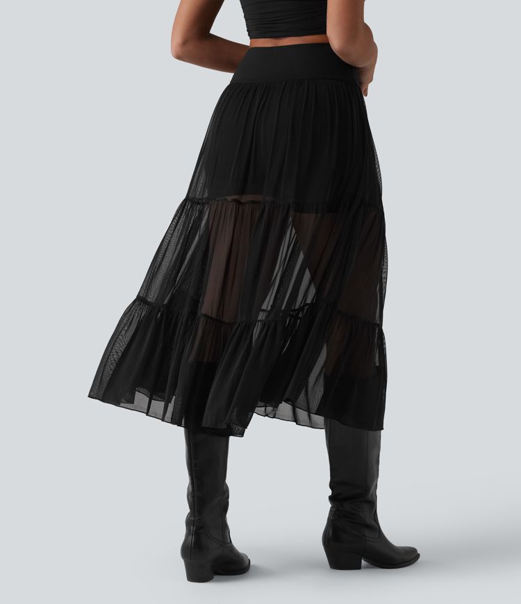 Crossover High Waisted 2-in-1 Breathable Mesh Midi Flowy Casual Tiered Skirt with Pockets
