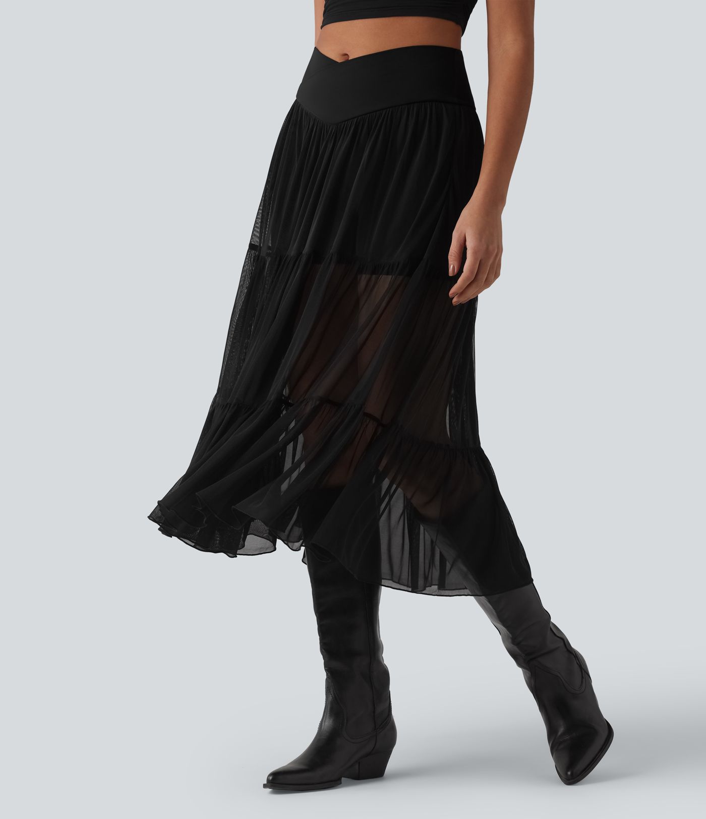 Crossover High Waisted 2-in-1 Breathable Mesh Midi Flowy Casual Tiered Skirt with Pockets