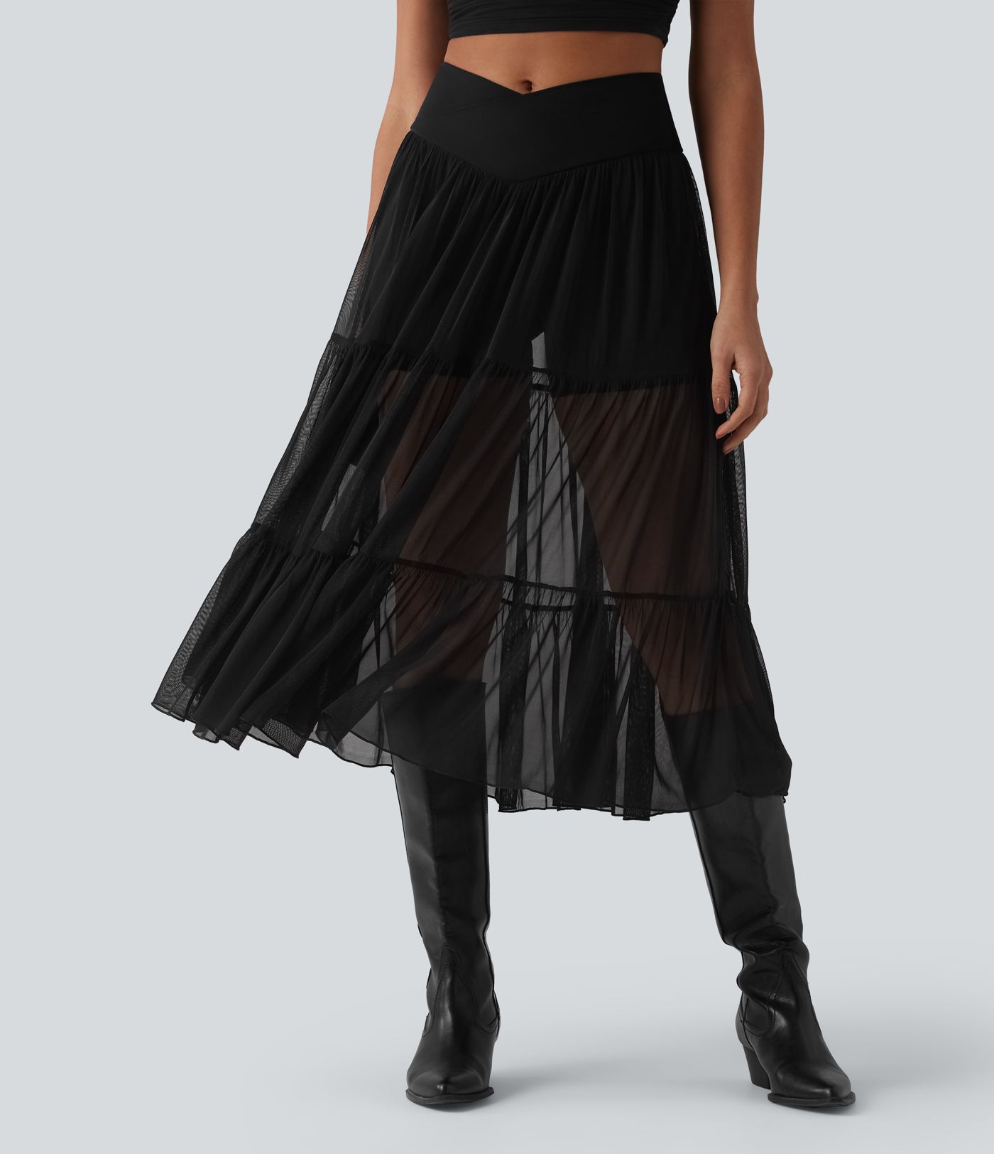 Crossover High Waisted 2-in-1 Breathable Mesh Midi Flowy Casual Tiered Skirt with Pockets