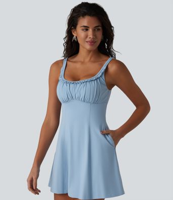 U-neck Sleeveless Ruffle Trim Ruched Built-in Bra Mini Casual Dress with Pockets