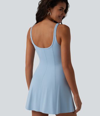 U-neck Sleeveless Ruffle Trim Ruched Built-in Bra Mini Casual Dress with Pockets