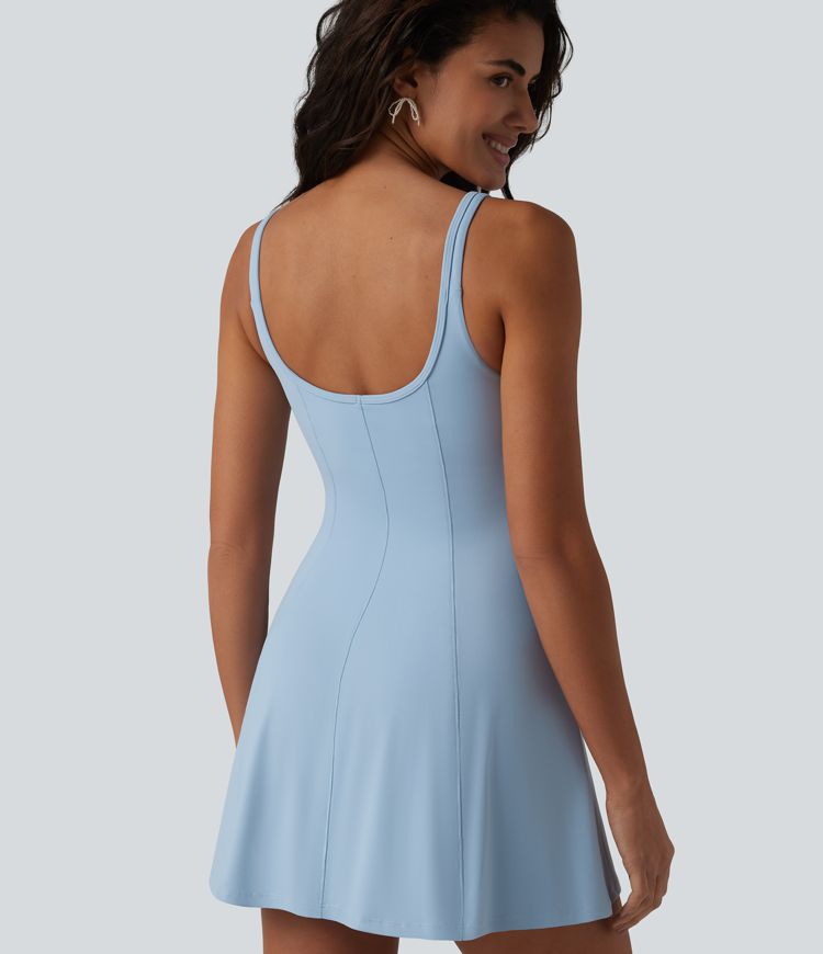 U-neck Sleeveless Ruffle Trim Ruched Built-in Bra Mini Casual Dress with Pockets