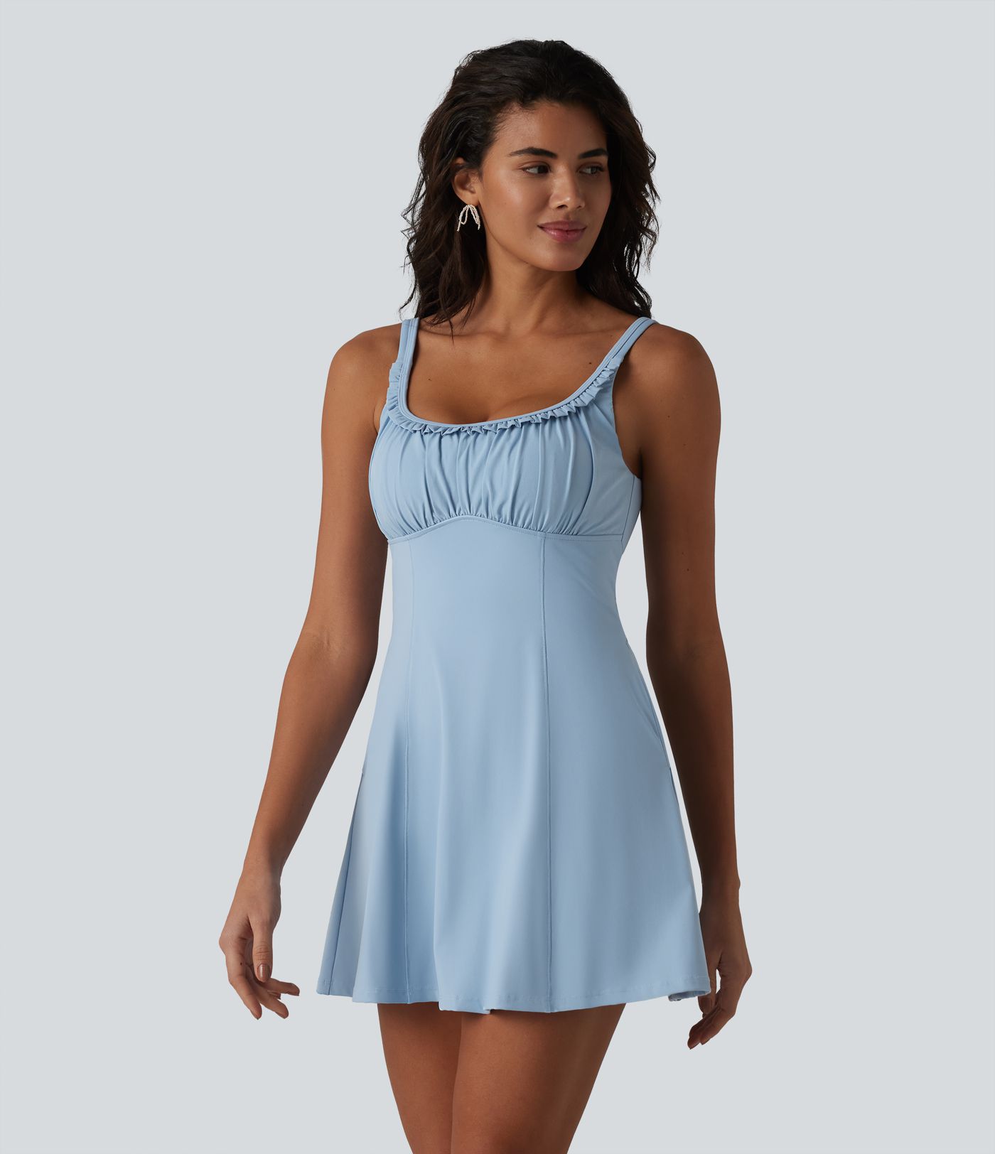 U-neck Sleeveless Ruffle Trim Ruched Built-in Bra Mini Casual Dress with Pockets