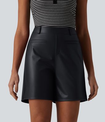 High Waisted Stretchy PU Casual Shorts with Pockets