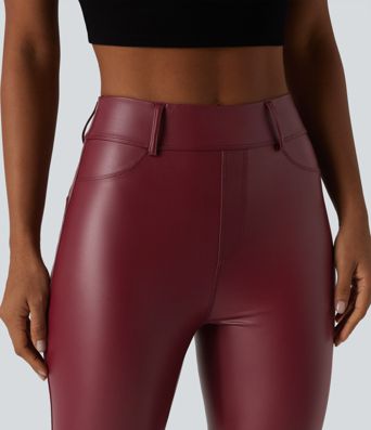 Legging corsaire casual taille haute extensible en simili cuir avec poches