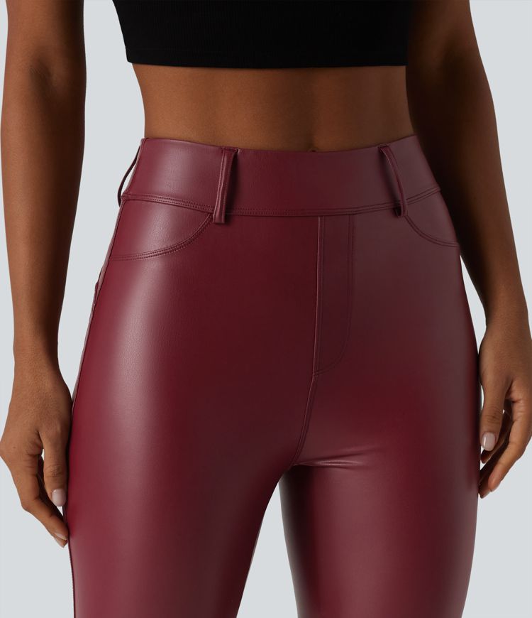 Legging corsaire casual taille haute extensible en simili cuir avec poches