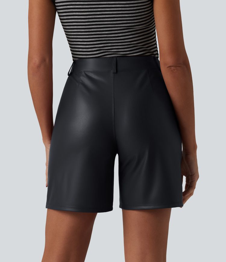 High Waisted Stretchy PU Casual Shorts with Pockets