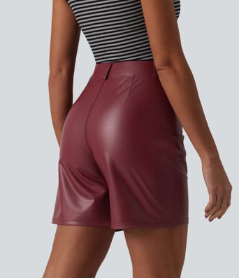 Casual shorts made of elastic faux leather with a high waist and side pockets
