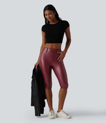 Legging corsaire casual taille haute extensible en simili cuir avec poches