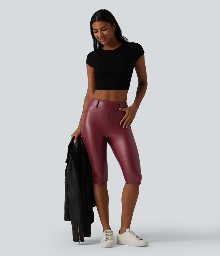 Legging corsaire casual taille haute extensible en simili cuir avec poches
